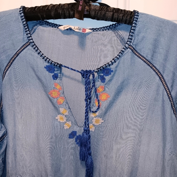 Given Kale Women's Dress XL Balloon Sleeves Embroidered Boho Tassel Flirty - Picture 2 of 8